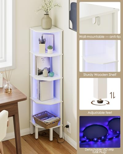 Corner Shelf Stand, 5 Tier Corner Bookshelf with Led Light,Corner Furniture for Bedroom Display Corner Shelf for Small Space,Wood Shelves with Storage Rack for Living Room,Office,White - color: White&led Light