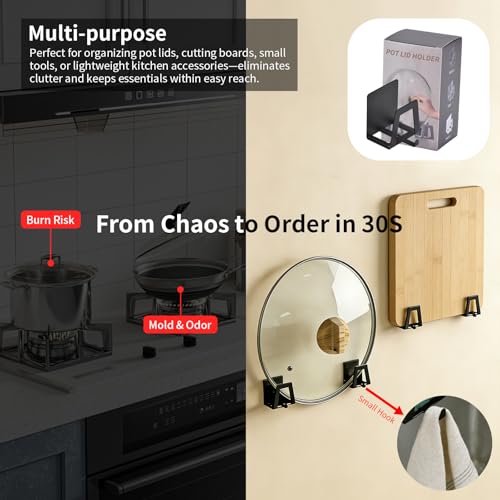 4 Pack Pot Lid Holders with Hook, Pot and Pan Hangers for Kitchen Inside Cabinet Wall Mount Rack Cabinet Door Lid Organizer, Save More Space, Black - color: Black