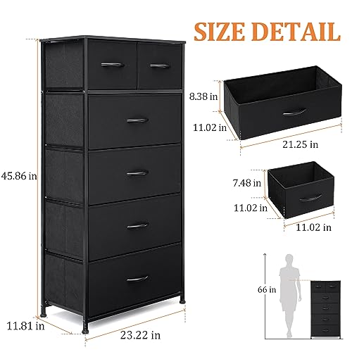 Fabric Dresser for Bedroom, Tall Skinny Dresser with 6 Drawers, Storage Organizer Tower, Steel Frame Wooden Top for Closet, Living Room, Hallway, Nursery(Black) - color: Black