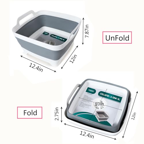 FOSJGO Reinforced Collapsible Dish Basin with Drain Plug, 2.4 Gal/9L Space-Saving Foldable Sink, Wash Basin for Kitchen, Camping, Baby Bottles, Vegetable Washing and Party Beverage Tubs - color: Gray