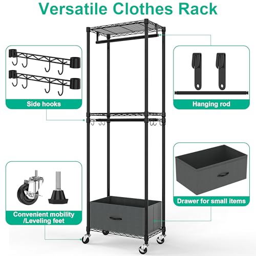 Folews Rolling Clothes Rack, 3 Tier Garment Rack for Hanging Clothes, Metal Wire Wardrobe with Drawer Rods Portable Closet Organizer Freestanding Clothing Shelf with Wheels, Black - size: 13.3"D x 23.2"W x 70.8"H