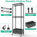 Folews Rolling Clothes Rack, 3 Tier Garment Rack for Hanging Clothes, Metal Wire Wardrobe with Drawer Rods Portable Closet Organizer Freestanding Clothing Shelf with Wheels, Black - size: 13.3"D x 23.2"W x 70.8"H