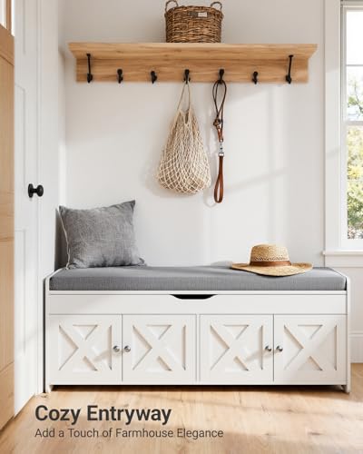 Pipishell Shoe Storage Bench, 2-Tier with Cushioned Seat, Entryway Bench with Adjustable Shelf & Barn Doors, 300 lbs Capacity, 47.2" x 15" x 18", for Entryway, Bedroom, Living Room, White - color: White, size: 4 doors- 47.2" W x 15" D x 18" H