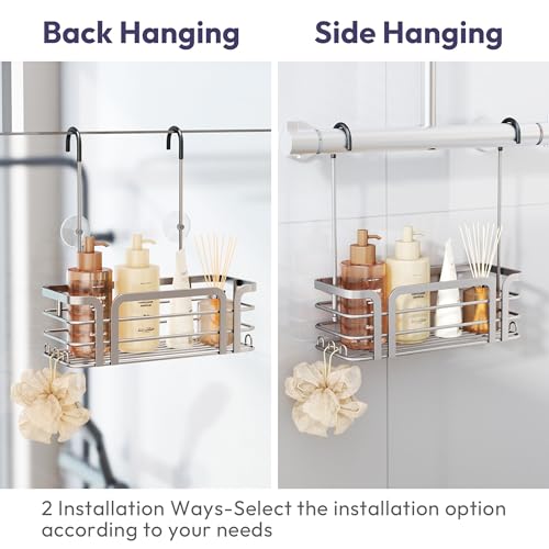 SWTYMIKI Shower Caddy Hanging Organizer - Over the Door Shower Caddy with 6 Hooks, 2 Installation Ways, Stainless Steel Rustproof Bathroom Organizer, Sand Nickel - color: Sand Nickel-1 tier