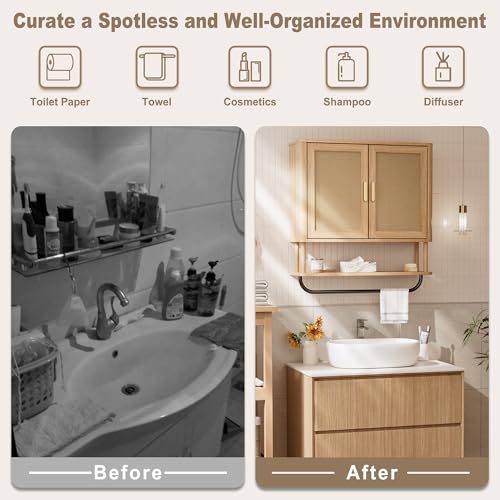 INNOD Rattan Bathroom Wall Cabinet with Towel Bar, Wall-Mounted Medicine Cabinet with Adjustable Wood Shelf & Doors, Over the Toilet Storage Cabinet for Laundry Room & Kitchen & Living Room - color: Rubberwood