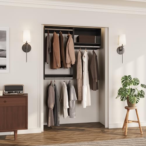 ROOMTEC Modular Closet System, 49" Wall-Mounted Closet Organizer with Hanging Rods, Wooden Tower for Walk-In Closets, Wardrobe Storage Kit, Black - size: 49" Wide, style: Model 2