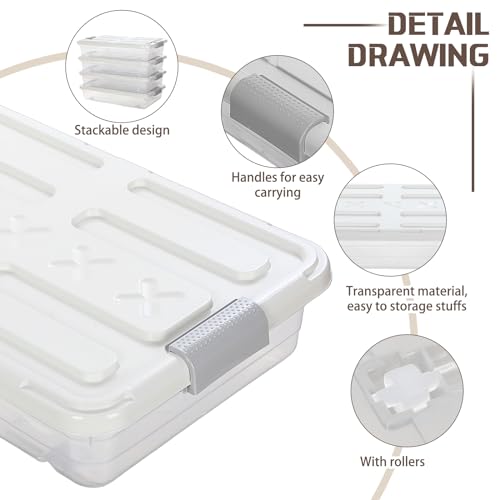 Beeveer 4 Pcs Plastic Under Bed Storage Containers with Lid Wheel Handle, Transparent Large Capacity Stackable Latching Storage Bins for Closet Bedroom Clothes Shoes Blanket(23.7 x 15.8 x 5.2,White) - color: White