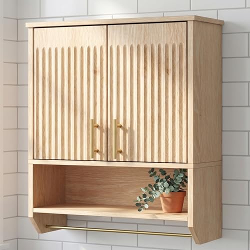 HOOBRO Narrow Bathroom Wall Cabinet with Towel Rack, Space Saving Medicine Cabinet for Small Spaces, Farmhouse Fluted Wall Storage Cabinet with Adjustable Shelf, Natural - color: Natural, size: 15.7"L x 7.9"W x 22.4"H