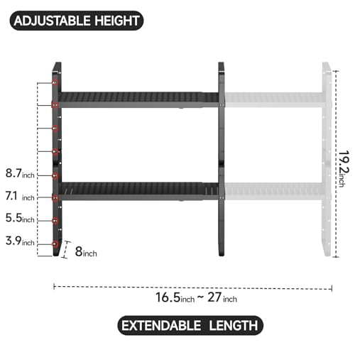 2Pack Expandable Cabinet Shelf Organizers, Stackable Metal Shelves Extender for Kitchen Countertop Storage, Adjustable Spices Shelves Rack Stand for Cupboard Pantry, Black - size: 2Pack-Special-8''Wx(16.5-27'')Lx9.6''H-Black
