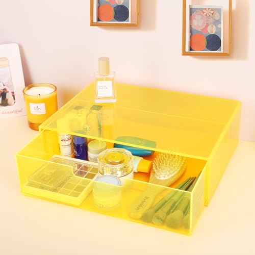 Gelite Acrylic Desk Organizer with Drawer for Makeup Vanity Stackable Desktop Storage Box for Office Supplies, 13.8 x 9.8 x 3.9’’, Neon Yellow - color: Neon Yellow