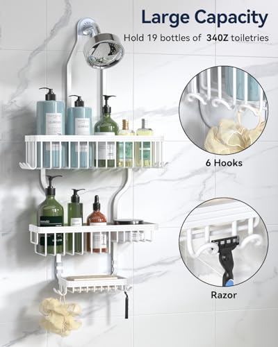 YASONIC Never-Rust Aluminum Hanging Shower Caddy – Over-the-Showerhead Organizer with 10 Hooks for Razor and Sponge – Includes Soap Basket – White - color: White