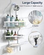 YASONIC Never-Rust Aluminum Hanging Shower Caddy – Over-the-Showerhead Organizer with 10 Hooks for Razor and Sponge – Includes Soap Basket – White - color: White