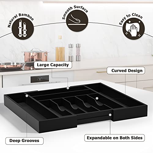 Utensil Organizer Silverware Drawer Organizer - Bamboo Expandable Cutlery Tray with Dividers for Utensil Holder Office Storage Makeup Desk Drawer Tool Organization W13.5"-19.5" x L17.5" x H2.5"(Black) | Expandable, Cutlery Tray, with Dividers, Utensil Hol