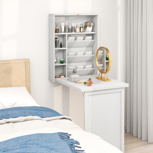 Tangkula Foldable Wall Mounted Desk, Floating Table with Storage Shelves & Hooks, Space-Saving Fold-Up Murphy Desk for Small Spaces, Home Office, Dorm Room - color: White