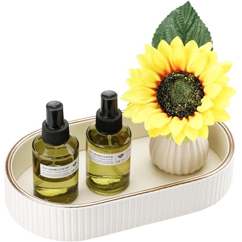 GORESE Oval Vanity Tray Perfume Organizer, PU Leather Valet Jewelry Trays Nightstand Organizer Key Bowl Trinket Dish for Entryway Dresser Bedside, Catchall Trays for Men Women, 11×5.9 in, Cream White - color: Cream White