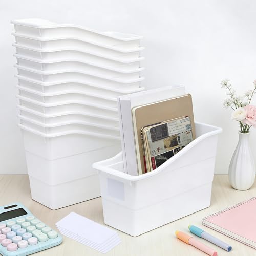 12 Pack Large Book Bins, Durable Magazine Organizer File Holder High-Quality Plastic Book Storage Bins with Labels for Classroom Library, Office, Desktop Organization, Bookshelf Categorization (White) - color: White