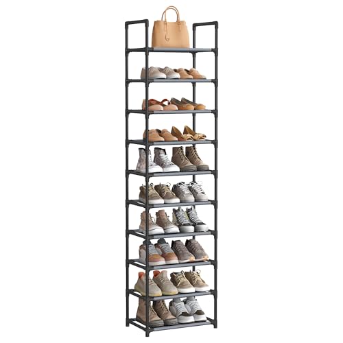 SONGMICS Shoe Rack, 10-Tier Shoe Shelf, Shoe Storage Organizer, 11 x 17.7 x 68 Inches, Metal Frame, Non-Woven Fabric Shelves, for Entryway, Bedroom, Gray ULSH010G01 - color: Grey, size: 11"D x 17.7"W