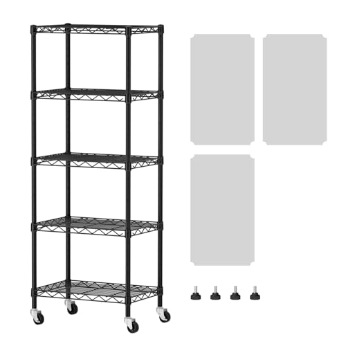 SINGAYE 5 Small Shelf Storage Wire Shelves Closet Bathroom Organizers Metal Pantry Kitchen Garage Shelving Unit Laundry Room Organization Home Narrow Rack Net Basket with Wheels Black - color: Black, size: 5Tier/11.5"D X 17.5"W X 57"H