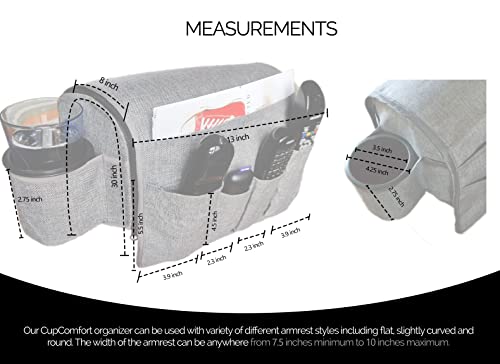 Couch Caddy - Armchair Caddy Remote Control Holder Armrest Organizer Recliner Non Slip Arm Chair Couch Cup Holder 6 Storage Pockets Drink Caddie Gray (8 Inches) - size: 8 Inches