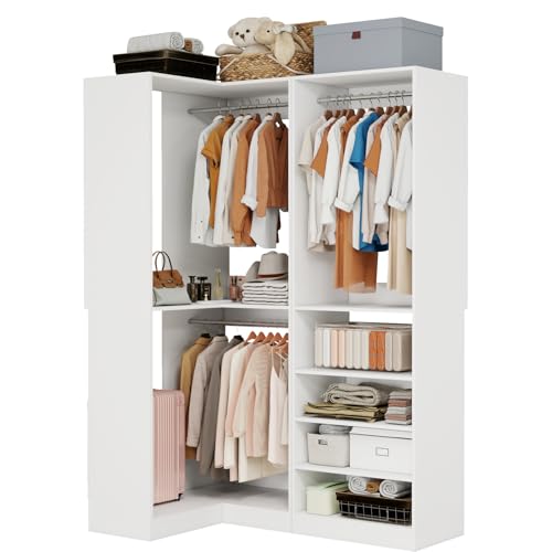 Closet System with 2 Sets, 55" Closet Organizer System with 5 Hanging Rods& Adjustable Shelves,Walk in Closet Corner Free Standing Closet System, Modular Closet System, White