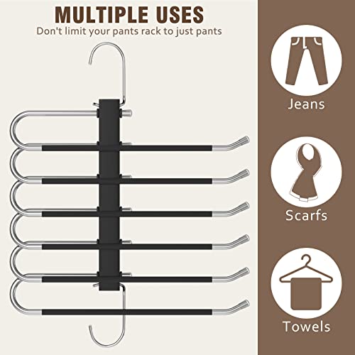 HUITEM 4 Pack 6-Tier Space Saving Pant Hangers, Anti-Slip, Lightweight, Stainless Steel, Black, 6 Pairs Jeans Hangers - color: Black, size: 4 Pack