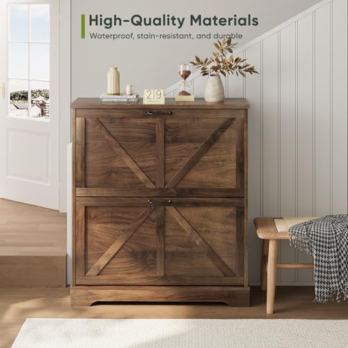 Smart FENDEE Shoe Cabinet, Shoe Storage Cabinet for Entryway with 2 Flip Drawers, Narrow Farmhouse Shoe Organizer Cabinet, Slim Shoe Rack Cabinet, 31.5in Walnut - color: Walnut, size: Width - 31.5 inches