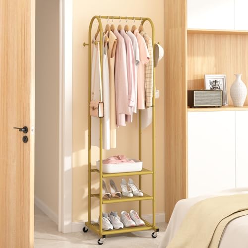 Kaitiemoo Heavy Duty Clothing Rack with Wheels,Modern Garment Rack with 3 Metal Shelves, 71.8Inches Display Rack for Hanging Clothes, Hanging Rod for Small Space,Gold - color: Gold