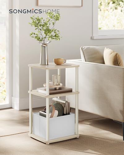 SONGMICS Home Side Table, 3-Tier Nightstand with Storage, End Table with Fabric Basket, for Bedroom, Living Room, Steel Frame, Superfast Toolless Assembly, Modern, Natural Beige ULET286N01 - color: Natural Beige, size: 1 pack
