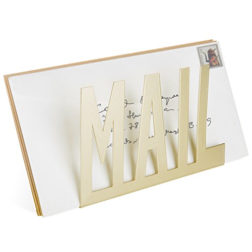 MyGift Mail Holder Organizer Countertop Modern Brass Metal with Cutout MAIL Lettering Design, Office Desktop Envelope and Document Storage Rack - color: Brass