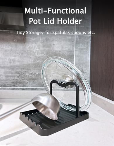 Anti-Rust Metal Spoon Rest with Lid Holder, Heat-Resistant Pot Lid Rest, Multifunctional Spatula Holder While Cooking for Stovetop and Kitchen Counter – Black - color: Black