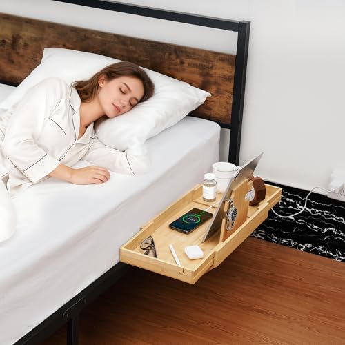 High Capacity Bedside Shelf, Bunk Bed Side Table, Loft Nightstand Organizer Tray, Loft Bed Shelf with Scalable Tray for Dorm Room, Clip On Nightstand with Cord Holder - Natural Bamboo