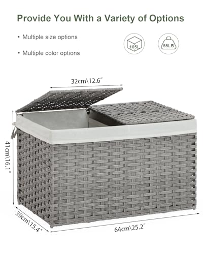 SETVSON Storage Basket with Lid Rattan Storage Basket with 2 Separate Lid, 27.8 Gallon (105 L) 25.2 * 15.4 * 16.1 Inches Woven Wicker Baskets with 2 Liners and Handles for Bedroom Laundry-Gray - color: Gray, size: 105L-25.2L*15.4W*16.1H