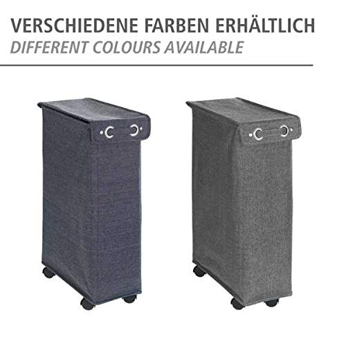 WENKO Slim Laundry Basket with Wheels, Thin Laundry Hamper, Rolling Laundry Bin with Lid, Space Saving Narrow Laundry Hamper for dirty Clothes Storage, 23.6 x 15.8 x 7.3 in, Blue - color: Blue Denim