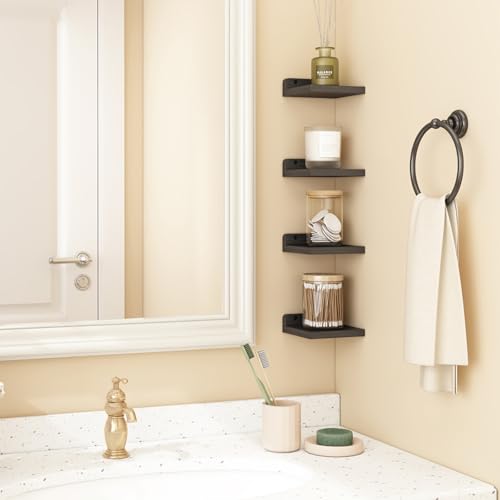 Fixwal Wall Shelves, 5x5 Inches Small Floating Shelf, Rustic Wood Wall Mounted Shelves for Bedroom, Living Room, Kitchen, Bathroom Decor (Set of 4, Black) - color: Black
