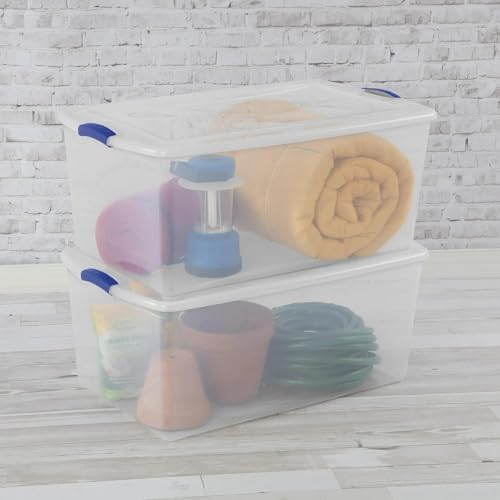 UlovelyM 105 Qt. Latch Box Plastic Storage Bin Tote Organizing Container With Durable Lid, Stackable and Nestable Snap Lid Plastic Storage Bin, 1 Pack, Clear With Blue Buckle