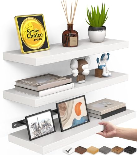 BAYKA White Floating Shelves for Wall Set of 3, Rustic Wood Wall Shelves with Metal Brackets for Bathroom, Bedroom, Kitchen, or Living Room Decor Organization, Sturdy Storage with 22lb Capacity - color: C. White - Modern Minimalist Style, size: 15.7inches