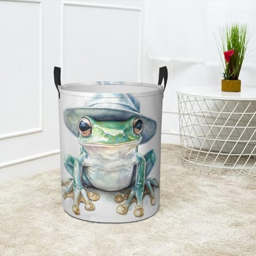 Green Frog Laundry Basket Funny Foldable Laundry Hamper with Handles Clothes Storage Bin for Household Bedroom Bathroom Dorms 17.3"x13.6" - color: Green Frog