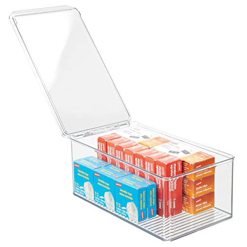 mDesign Plastic Stackable Home Office Storage Organizer Box with Hinge Lid - Holder Container Bin for Note Pads, Gel Pens, Staples, Dry Erase Markers, Tape, Supplies - Lumiere Collection - Clear - size: 12.75 x 7.25 x 5 (Pack of 1)