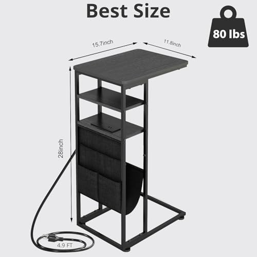 C Shaped End Table with Charging Station, 28"(H) 3-Tier C Table with Storage Bag, Under Couch Table C-Shaped End Table with Storage Shelves and Bag for Living Room, Bedroom, or Office - color: Black, size: Wood--with Socket