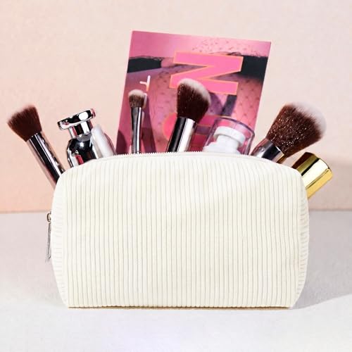 SOIDRAM 2 Pack Corduroy Makeup Bag for Women, Beige Makeup Pouch Small Cosmetic Bag Travel Toiletry Organizer for Skincare, Brushes & Essentials - color: Corduroy Beige, size: 2 Pack