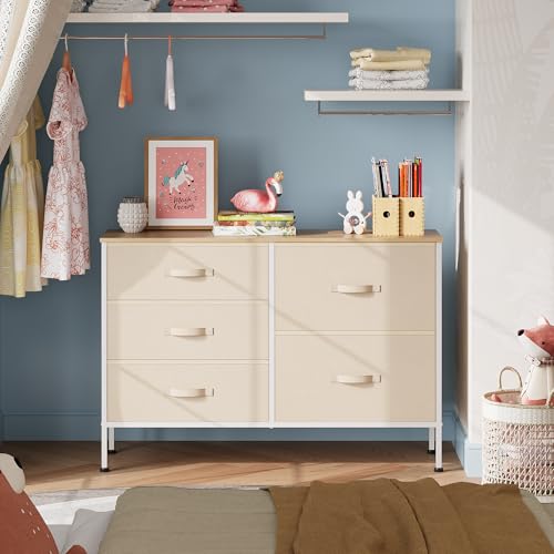 WLIVE Dresser for Bedroom with 5 Drawers, Wide Chest of Drawers for Bedroom, Fabric Dresser for Living Room, Closet, Hallway, Cream White - color: Cream White