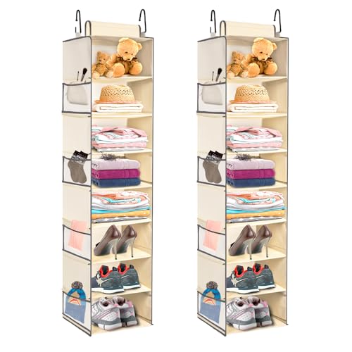 2 Pack Large-Sized Hanging Shoe Organizer 8-Shelf, Hanging Closet Organizer with 8 Side Pockets, Wider Hanging Shelves for Storage Shoes Clothes 9" W × 11.8" D× 48" H, Beige. - color: Beige - 2 Pack, size: 2 pack