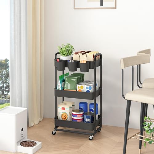 JIUYOTREE 3-Tier Plastic Rolling Storage Cart Utility Cart with Extra Hanging Cups Handles Lockable Wheels for Living Room Bathroom Kitchen Office Black - color: Black, size: 3-Tier