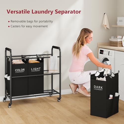 Tajsoon 3 Bag Laundry Sorter Cart, Laundry Hamper Sorter Basket with Heavy Duty Lockable Rolling Wheels for Clothes Storage, Black - color: Black, size: 3 Bag