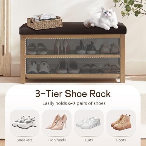 Zihanhome Shoe Rack Bench with Leather Cushion, 2 Tier Solid Wood Storage Bench, Mid-Century Modern Shoe Bench for Entryway, Hallway, Closet, Front Door Entrance, Foyer (Dark Brown, 31.5) - color: Dark Brown, size: 31.5"