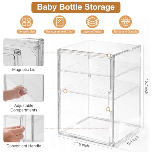 ERTIUANIO Baby Bottle Organizer – 3 Tier Bottle Storage Organizer Baby for Nipples, Pump Parts, Food Jars – Clear Acrylic Bottle Station Organizer for Countertop and Kitchen, Gifts for New Mom - size: X-Large, style: 3-Tier Single-Door