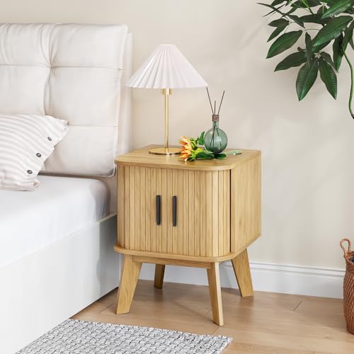 Fluted Nightstand with Sliding Tambour Doors, Curved Edge Wood Bedside Table for Bedroom, Side Tables with Storage for Living Room (1, Square - Oak) - color: Square - Oak