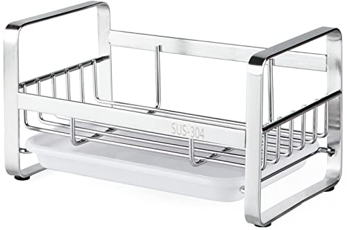 HULISEN Kitchen Sink Sponge Holder, 304 Stainless Steel Kitchen Soap Dispenser Caddy Organizer, Countertop Soap Dish Rack Drainer with Removable Drain Tray, not Including Dispenser and Brush - color: Silver, size: Medium