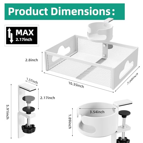 CABTE Desk Cup Holder with Drawer Organizer, Anti-Spill Clip-On Table Cup Hook with 360° Rotation Hidden Storage Box for Office Home Gaming Table (White) - color: White