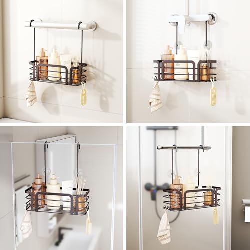 SWTYMIKI Shower Caddy Hanging Organizer - Over the Door Shower Caddy with 6 Hooks, 2 Installation Ways, Stainless Steel Rustproof Bathroom Organizer, Bronze - color: Bronze-1 tier